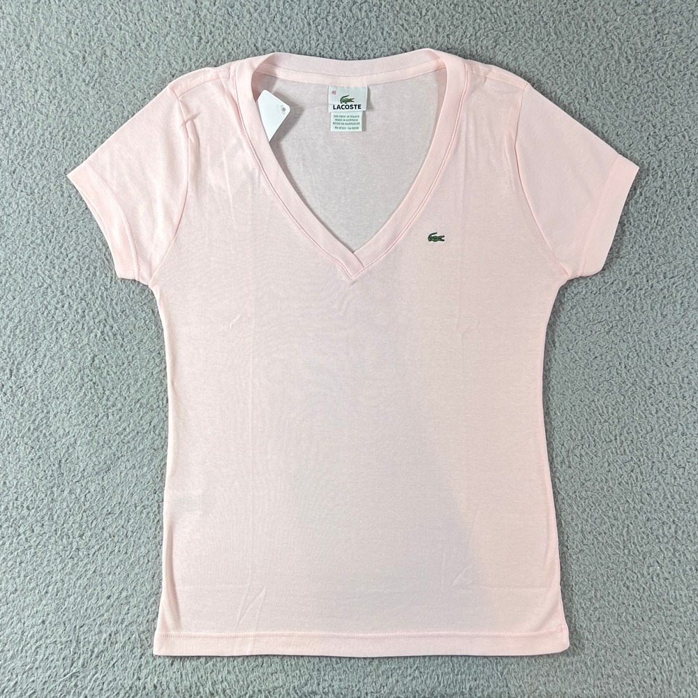 Lacoste V-Neck T-Shirt Women US Size M (EU/8) Pink Cotton Short Sleeve‎ Logo NWT